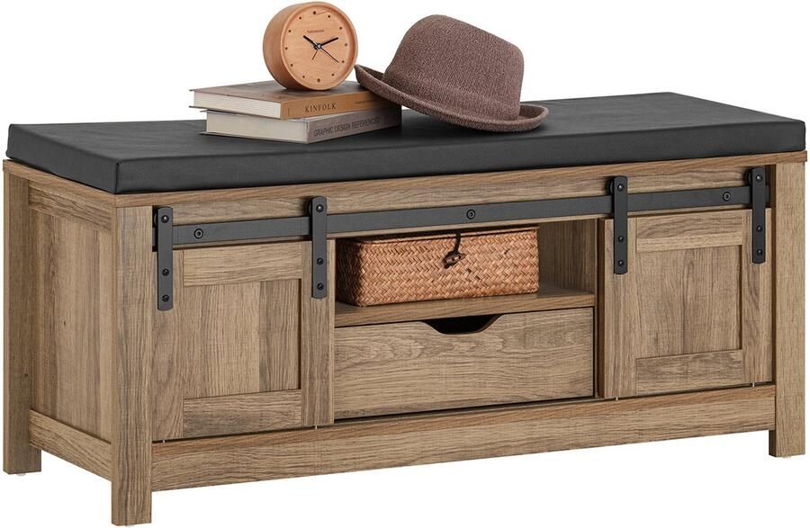 SoBuy FSR118-BR Schoenenbank Bruin Houten Opbergbank met Schuifdeuren