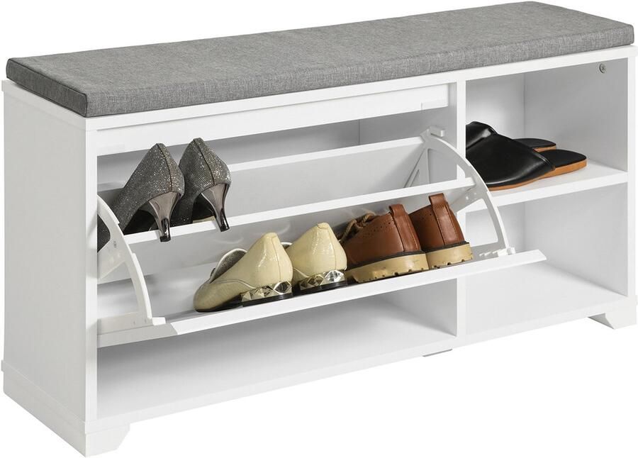 SoBuy FSR119-W Opbergbank Witte Schoenenbank met Zitkussen