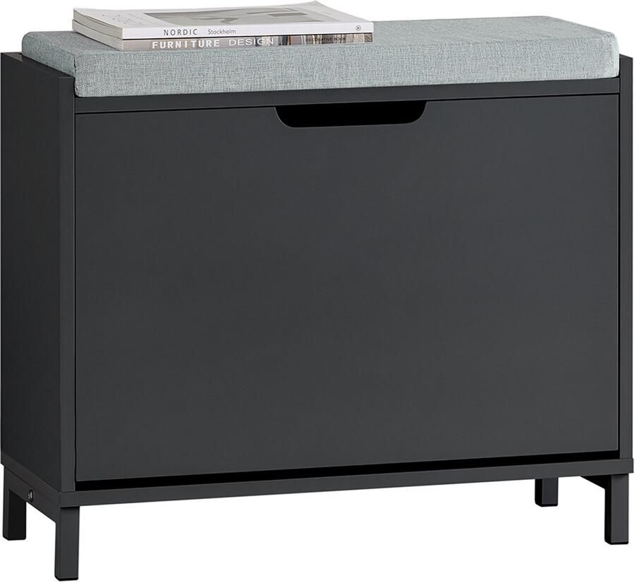 SoBuy FSR151-K-SCH Schoenenbank Zwarte Opbergbank met Klep & Kussen