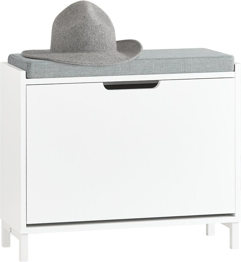 SoBuy FSR151-K-W Schoenenbank Witte Opbergbank met Klep & Kussen