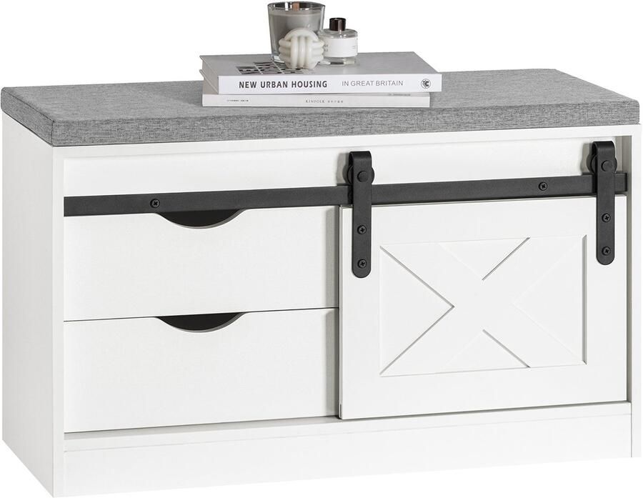 SoBuy FSR153-W Schoenenbank Witte Opbergbank met Gewatteerd Kussen