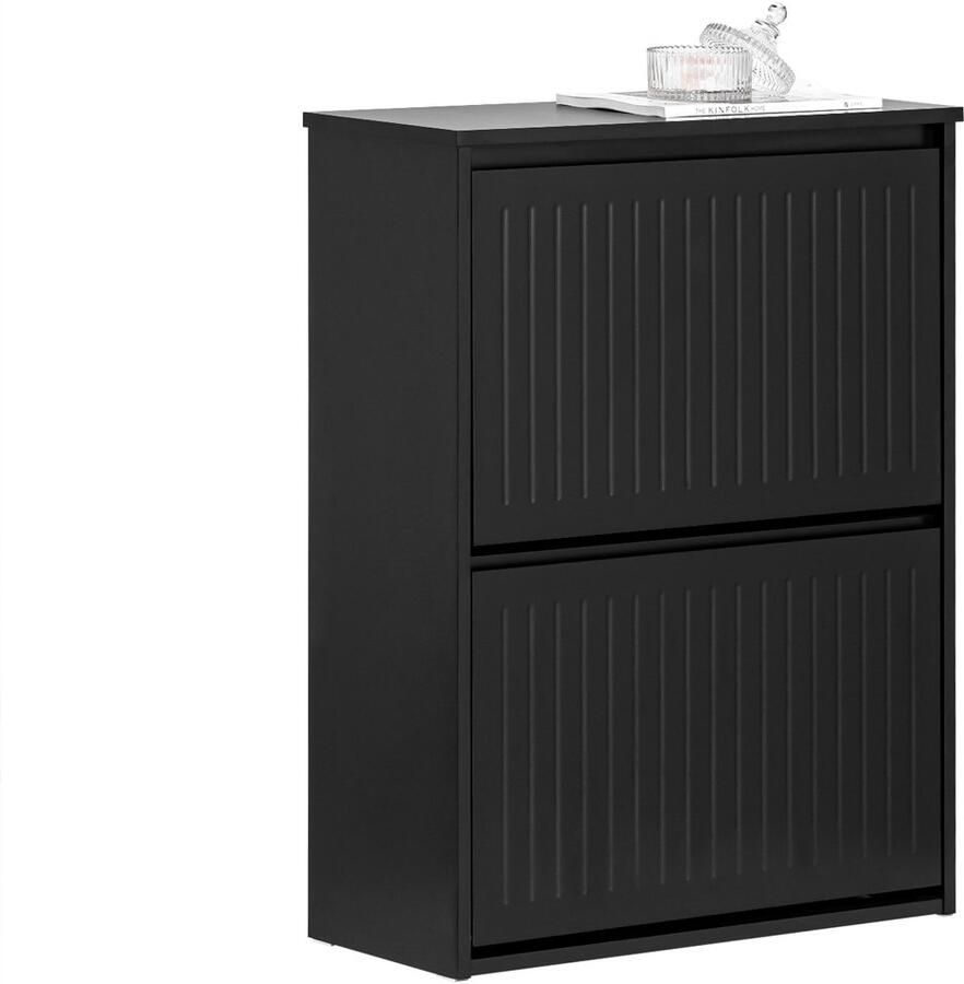 SoBuy FSR165-K-SCH Schoenenkast Zwart Houtcomposiet met 2 Flappen & Rek