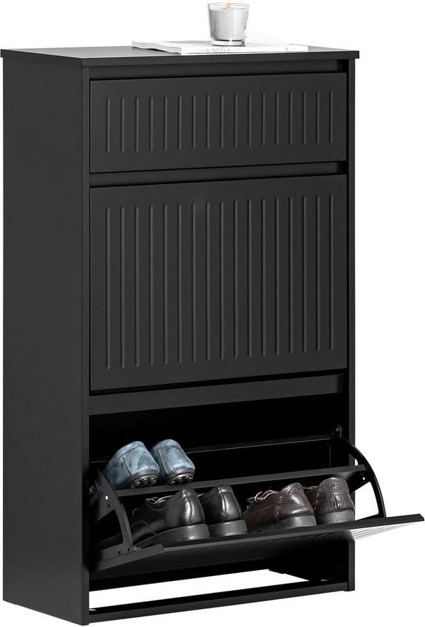 SoBuy FSR165-SCH Schoenenkast Zwart Houtcomposiet met 2 Flappen & Lade