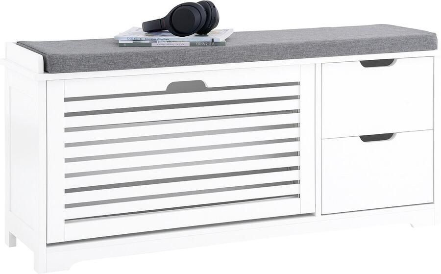 SoBuy FSR185-W Schoenenbank Witte Opbergbank met Zitkussen