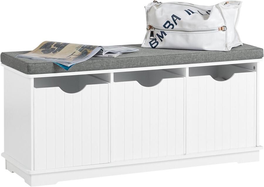 SoBuy FSR30-W Moderne Schoenenbank geschikt voor schoenen en speelgoedopslag met zitkussen en 3 afneembare manden 100x46x36cm wit