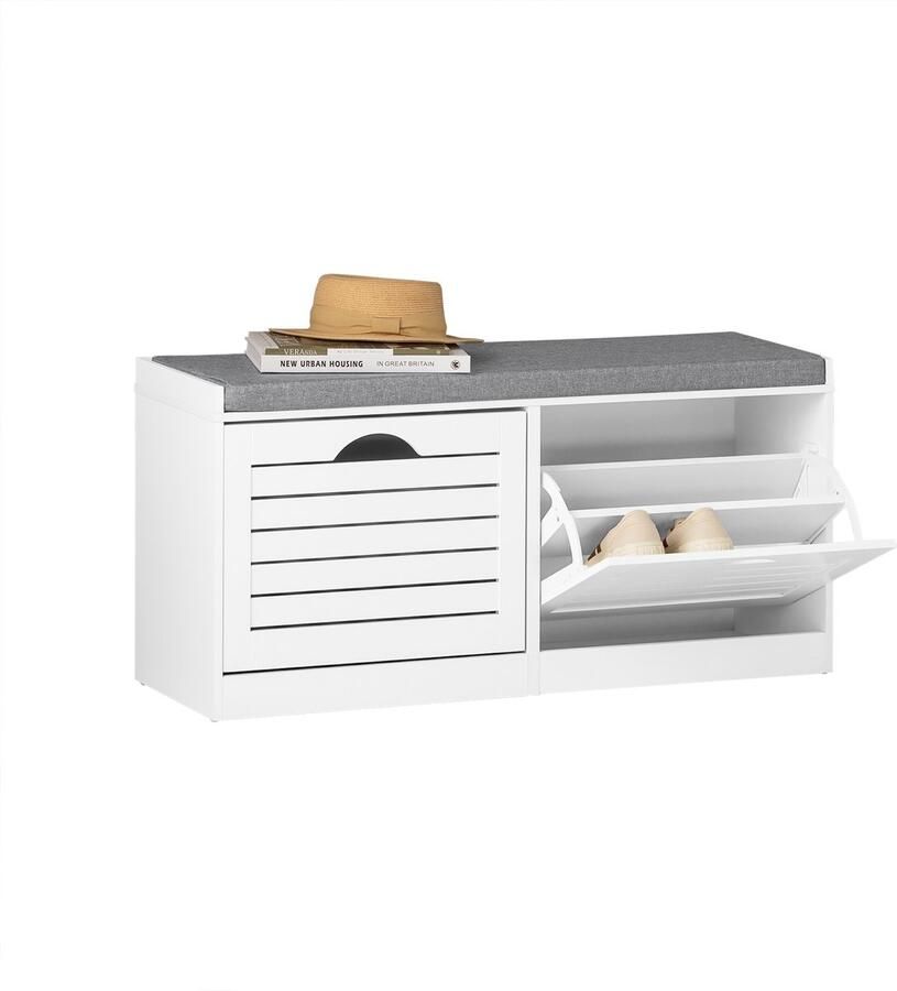 SoBuy FSR62-W Schoenenbank Witte Opbergbank met Zitbank & Schoenenrek