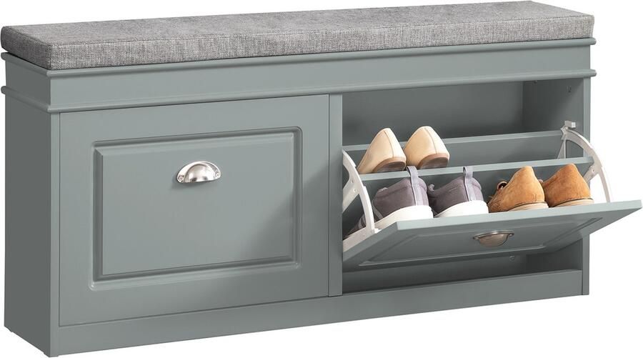 SoBuy FSR64-HG Schoenenkast met Zitkussen – Schoenenbank met 2 Kleppen – Schoenenrek met Opbergruimte – Grijs MDF – 104x51x24cm