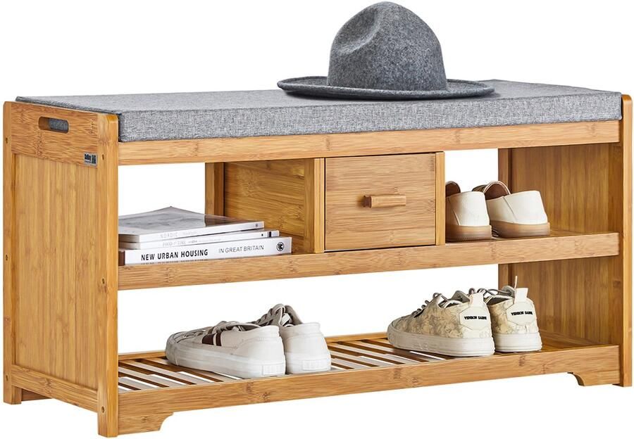 SoBuy FSR75-N Schoenenbank Solid Wood Opbergbank met Zitkussen & 3 Manden