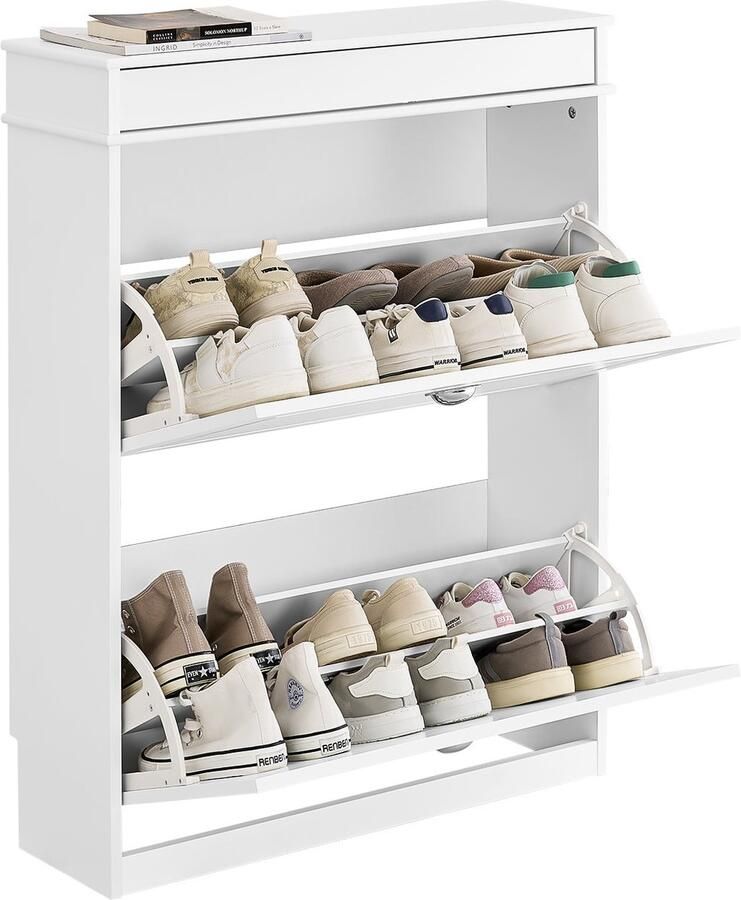 SoBuy FSR78-L-W Schoenenkast met 2 Kleppen Schoenenrek voor Hal Schoenenmeubel voor 12 Paar Schoenen Schoenenopberger voor Gang of Entree 75x24x96cm Wit