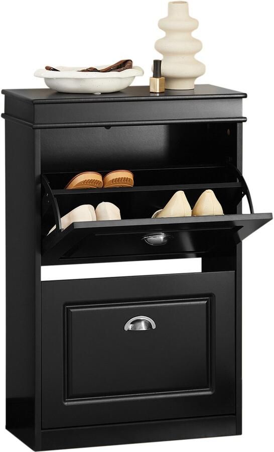 SoBuy FSR78-SCH Schoenenkast Zwart Houtcomposiet met 2 Kleppen & 4 Planken