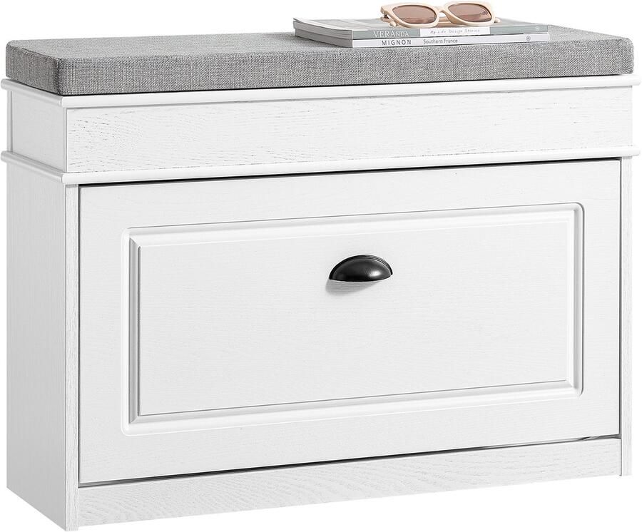 SoBuy FSR82-L-WG Schoenenkast entreebank – schoenenbank met toiletzitting en schoenenopbergkussen voor hal woonkamer 75 x 24 x 51 cm capaciteit 180 kg wit antiek houteffect
