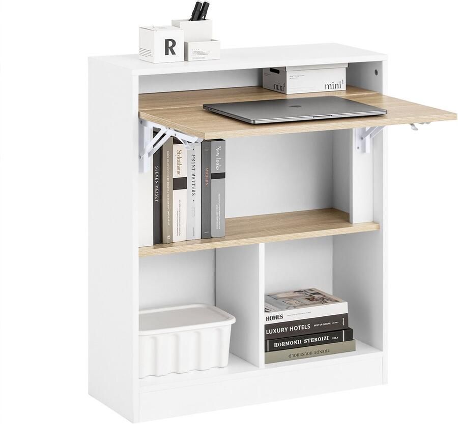 SoBuy FWT104-WN Bureau Wit Opklapbaar met Legplanken