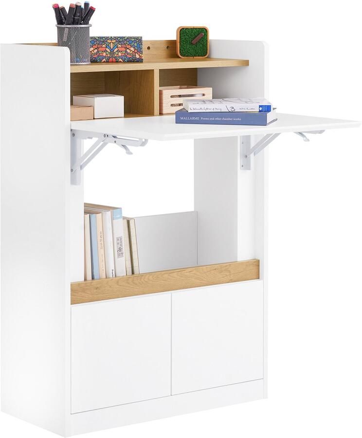 SoBuy FWT109-WN Bureau Wit Opklapbaar met Planken & Houtcomposiet