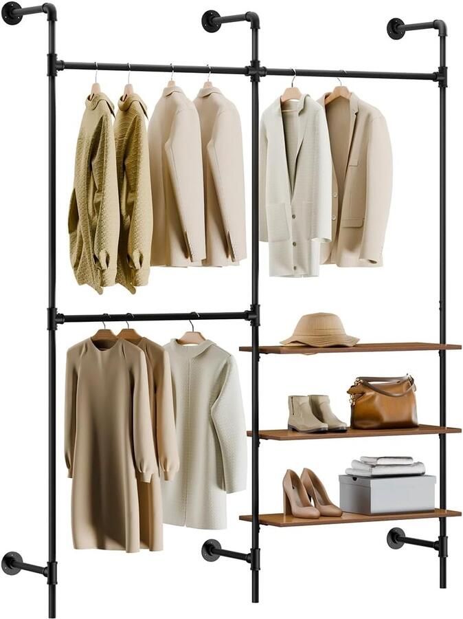 SoBuy industrieel kledingrek met 3 stangen en 3 MDF-planken robuuste open kledingkas industrieel zwart KLS18-SCH