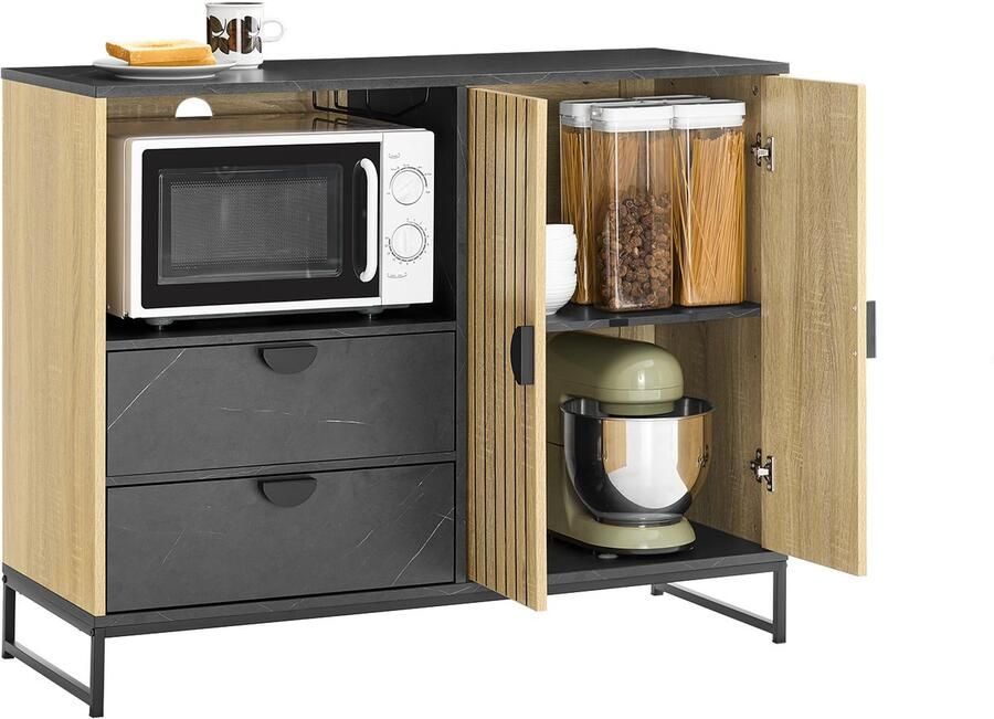 SoBuy Keukenkast Sideboard Dressoir met magnetronvak (Ø6 cm) en lameldeur – magnetronkast buffetkast multifunctionele kast voor keuken & woonkamer eiken-zwart 107×40×85 cm FSB103-N