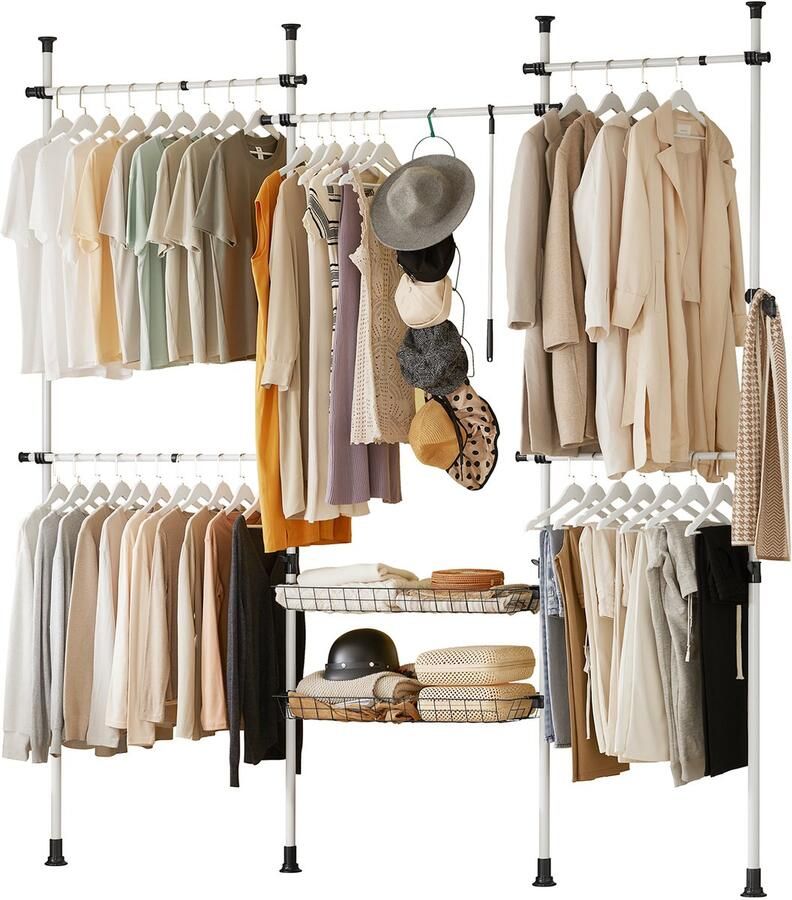 SoBuy KLS04 Telescoop Kledingrek met 5 Kledingstangen en 2 Manden Verstelbaar B(209-311) x H(200-285) cm Wit