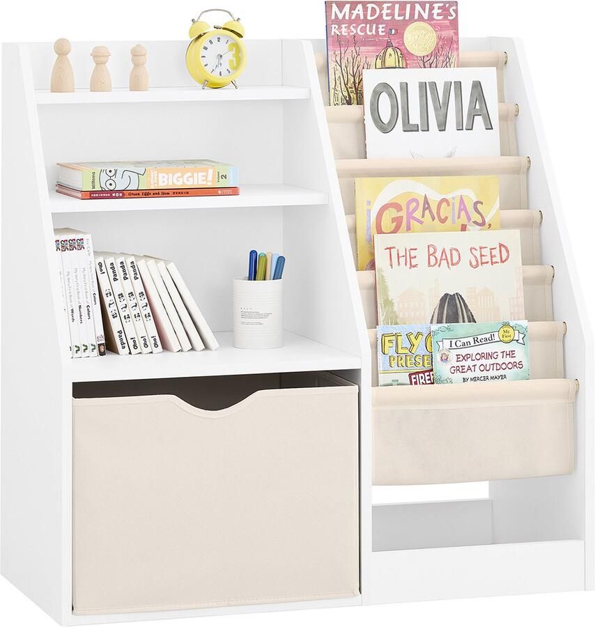 SoBuy KMB119-W Montessori Kinderboekenkast 3 niveaus boekenkast met opslag speelgoed en manden stof meubels kinderkamer plank slaapkamer wit 80 x 40 x 80 cm