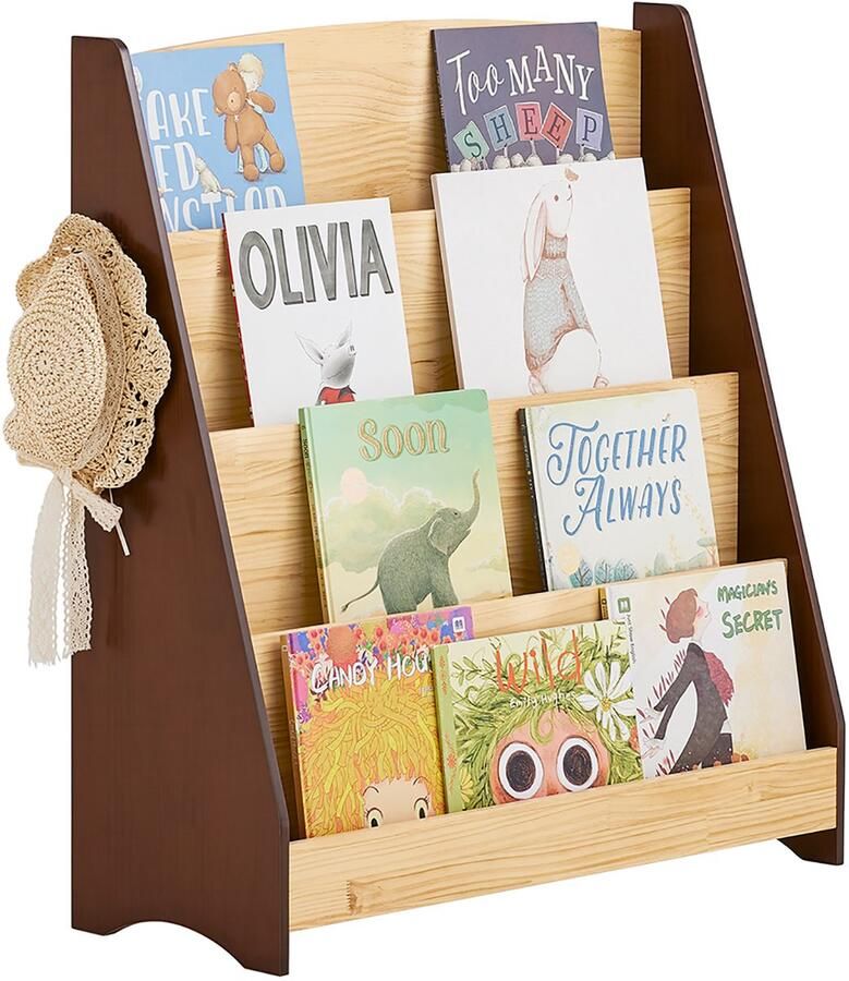 SoBuy KMB32-N Boekenkast voor kinderen speelgoed boekenkast 4 niveaus met 2 haken boekenrek opbergkast slaapkamer kantoor woonkamer natuur 91 x 30 x 89 cm