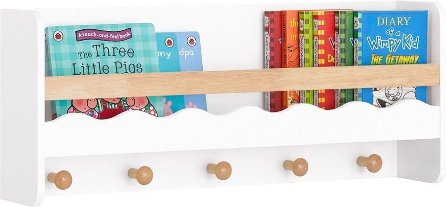 SoBuy KMB78-W Wandkapstok Witte Opbergplank met Haken voor Kinderkamer