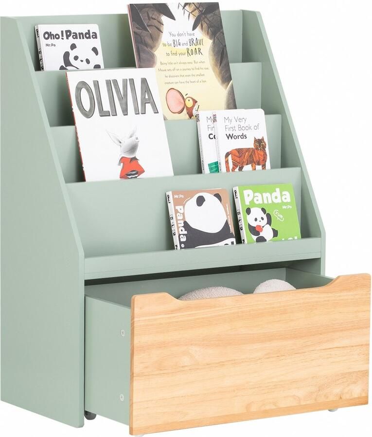 SoBuy Boekenrek voor Kinderen Opbergkast voor Speelgoed en Boeken 4 Vakken en 1 Lade met Wielen Groen 62x30x80 cm KMB95-GR