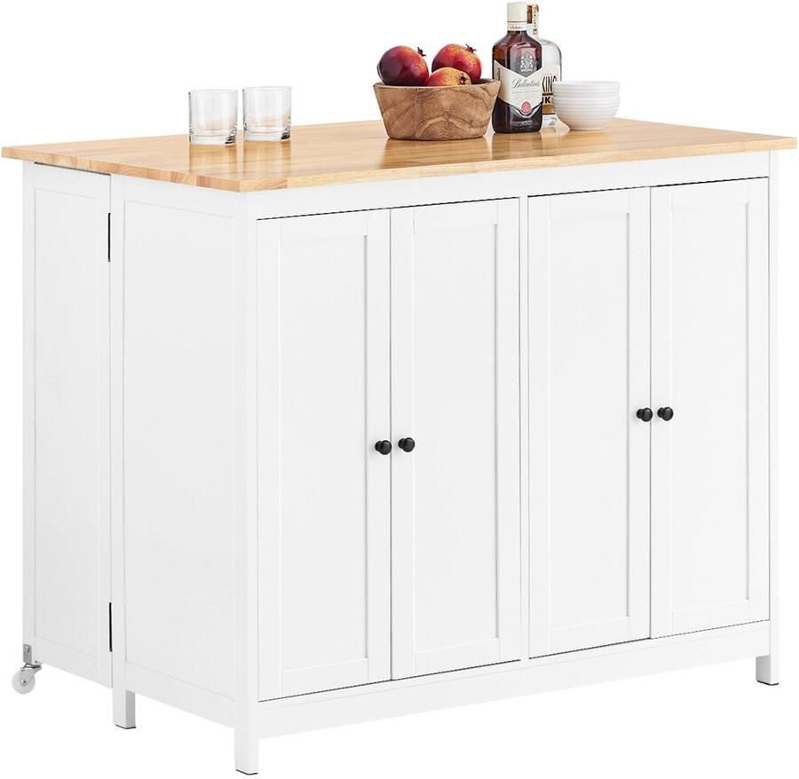 SoBuy KNL10-WN Keukenkast Witte Buffetkast met Wielen & Werkblad