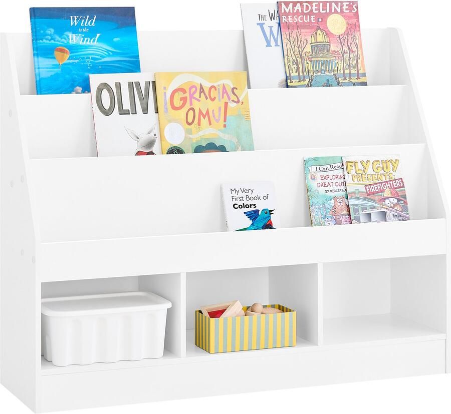 SoBuy Montessori KMB118-W Boekenkast voor kinderen kinderrek met 3 opbergvakken en speelgoed opbergrek kinderkamer boekenrek en speelgoedrek wit 100 x 80 x 30 cm