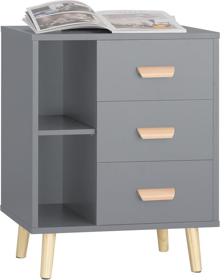 SoBuy Nachtkastje Bijzettafel met 3 laden Side Table Grijs 48x40x60 cm FBT95-HG