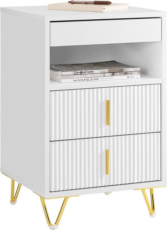 SoBuy Nachtkastje met 3 laden en plank moderne bijzettafel voor slaapkamer en woonkamer wit 40 x 40 x 63 cm (b x d x h) FBT168-W