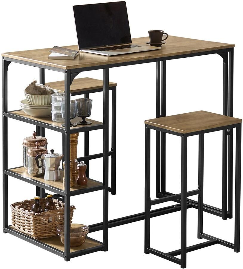 SoBuy OGT43-F Keukentafelset Bruin Hoge Bartafel met Krukken