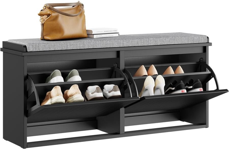 SoBuy Schoenenbank voor de entree schoenenkast met gevoerd kussen en 2 kleppen opbergkast voor schoenen L 100 x D 26 x H 46 cm draagkracht 158 kg zwart FSR98-XL-SCH