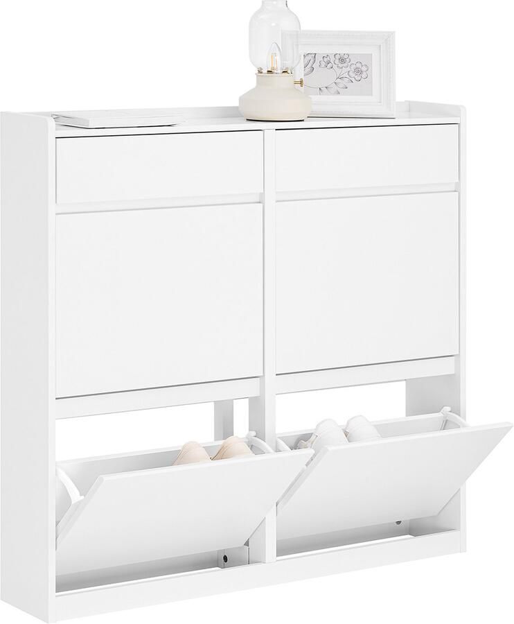 SoBuy Schoenenkast met 4 kleppen Schoenenrek Schoenenopslag Entreekast Opbergkast voor Hal Wit 98x95x19cm FSR169-W