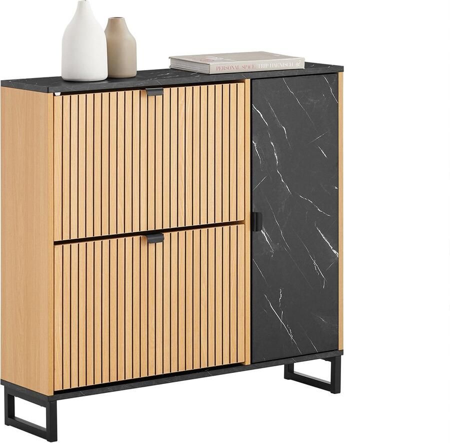 SoBuy Schoenenkast voor entree schoenenkast met 2 kleppen en zijdeur schoenenopslag 90x24x88cm FSR203-N