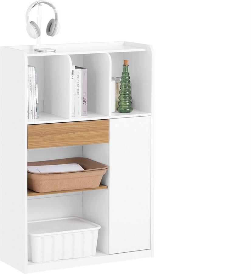 SoBuy STR11-WN Boekenkast Witte Houten Boekenplank met Lade