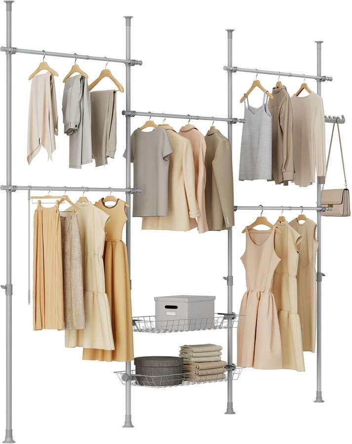 SoBuy Telescopisch Kledingrek Kledinghangerrek Verstelbare Open Garderobekast met Kledingstangen en Planken voor Slaapkamer Inloopkast Grijs KLS04-II-HG