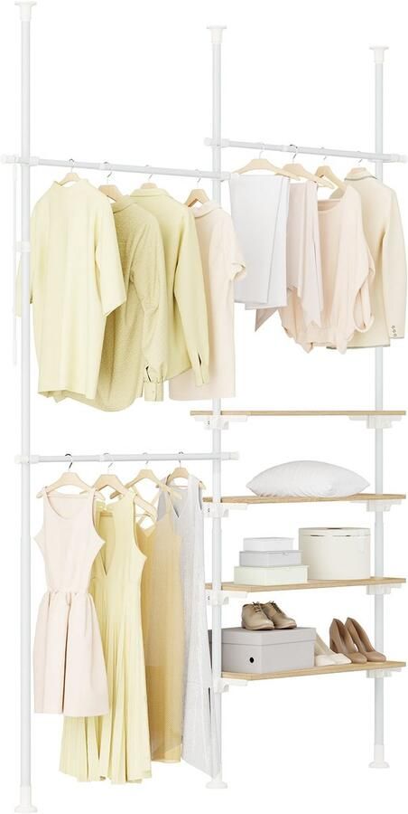 SoBuy Telescopisch kledingrek robuuste kledingkast open verstelbare kledingkast met planken en stangen wit KLS17-WN