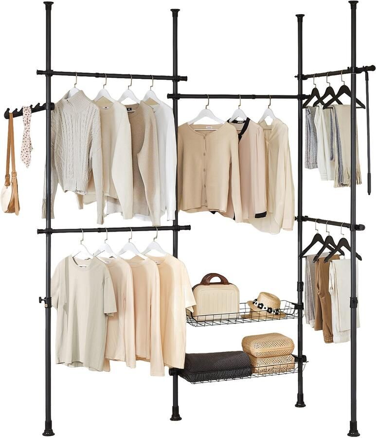 SoBuy Telescopisch Kledingrek Verstelbare Open Garderobekast met 5 Kledingstangen en 2 Manden voor Slaapkamer Inloopkast Zwart KLS04-II-SCH - Foto 2