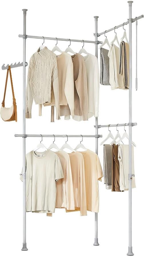 SoBuy Telescopische Kledingrail Verstelbaar Open Kledingrek met Hangerails en Haken Grijs KLS03-II-HG B (124–226) x D27 x H (200–295) cm Voor Slaapkamer & Dressing - Foto 2