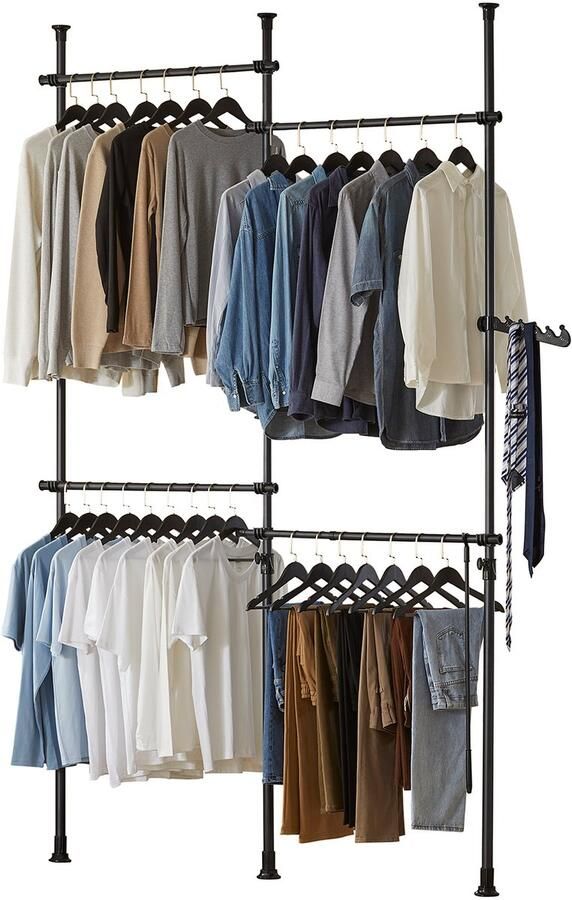 SoBuy Telescopische Kledingrail Verstelbaar Open Kledingrek met Hangerails en Haken Voor Slaapkamer & Dressing Zwart KLS03-II-SCH