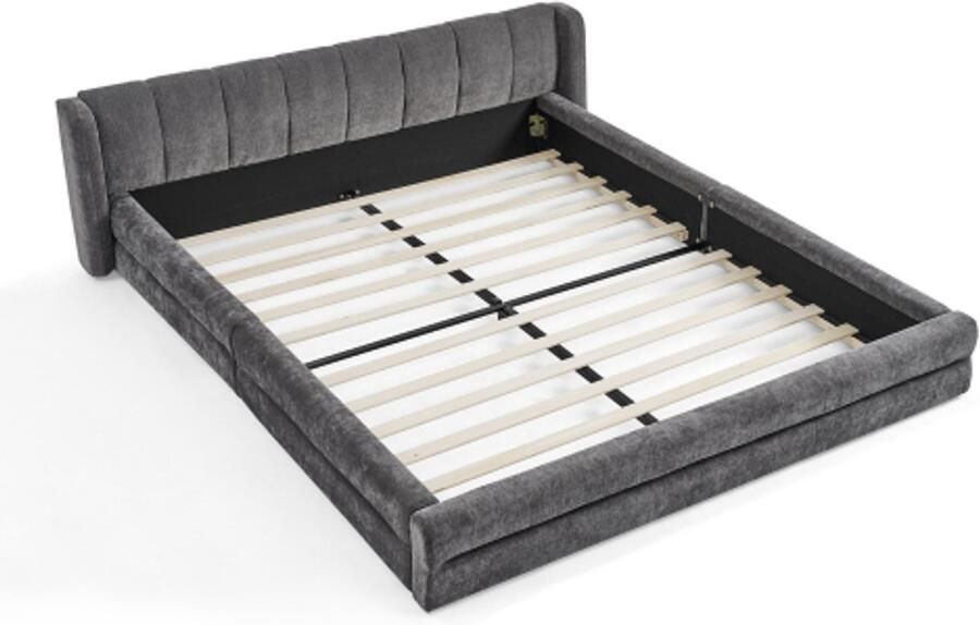 SoBuy Tweepersoonsbed 160×200cm chenille stof comfortabele rugleuning stevig frame van eucalyptus en ijzer eenvoudig te monteren donkergrijs (zonder matras)