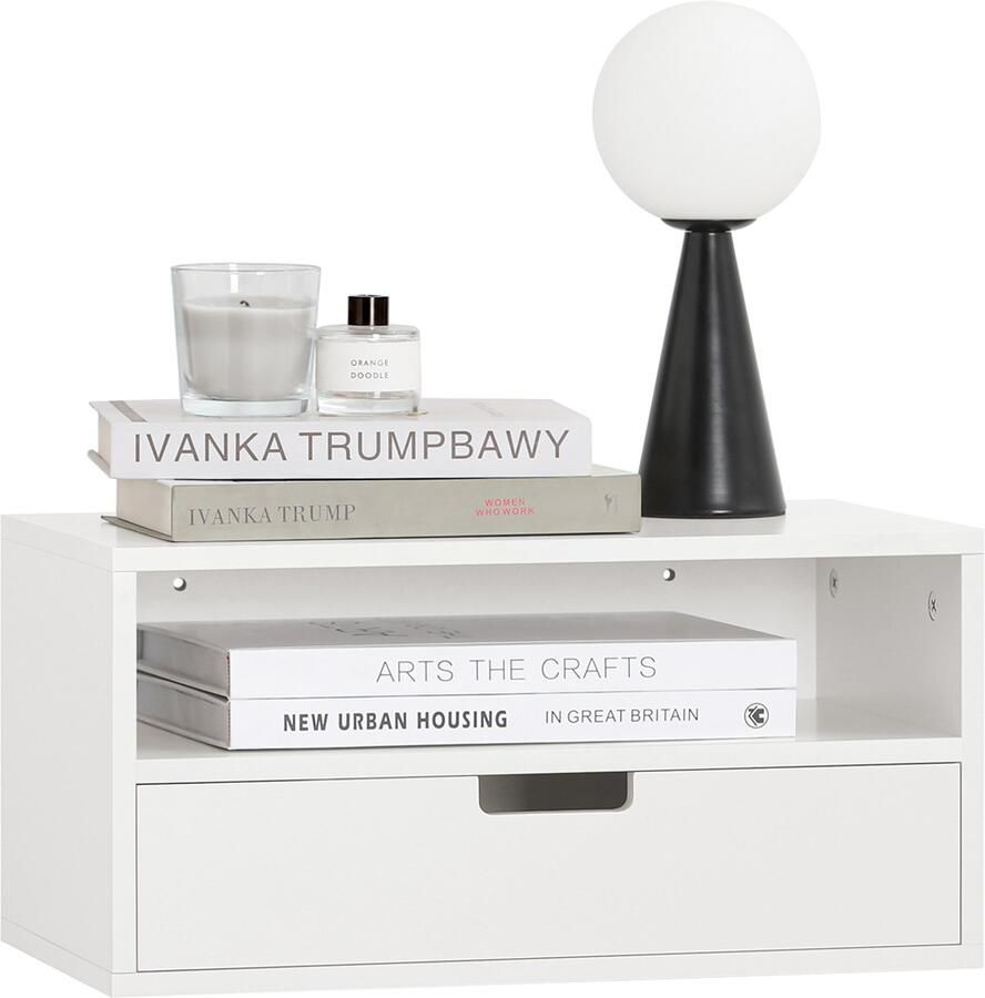 SoBuy Zwevend Nachtkastje Bijzettafel met Lade Hangend Nachttafeltje Wandkast Wit 45x25x22cm NKD03-W