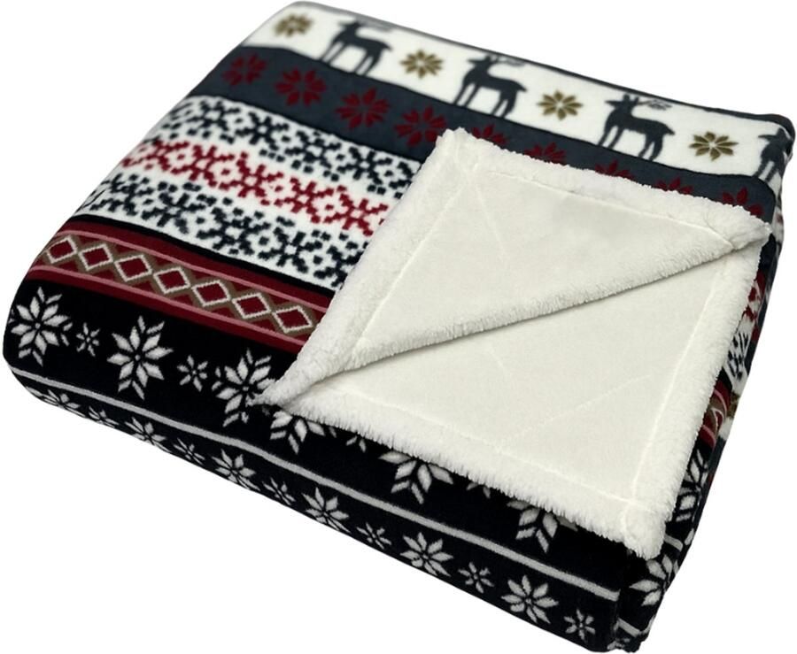Sofaas Nordic Kerst Plaid – 150×200 cm – Warme Winter Deken – 240 gsm Coral Fleece & 180 gsm Velvet – Super Zacht en Gezellig – Scandinavisch Rendier- en Sneeuwvlokpatroon – Voor Bank en Bed