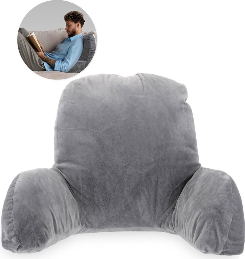 Soft & Silky Leeskussen Voor in bed Met 3 opbergvakken Rugkussen bank zitkussen Lende Rug kussen onderrug Lees Kussens Knuffel Steun Boeken book Seat Grijs