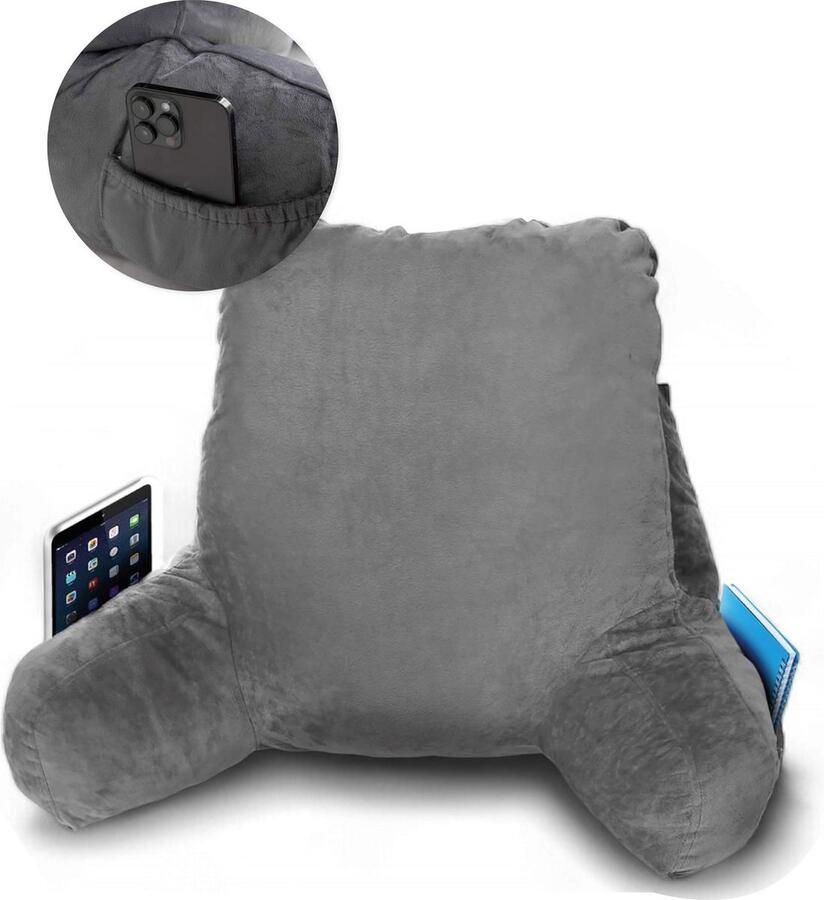 Soft & Silky Leeskussen Voor in bed Met 3 opbergvakken Rugkussen bank zitkussen Lende Rug kussen onderrug Lees Kussens Knuffel Steun Boeken book Seat Grijs - Foto 2