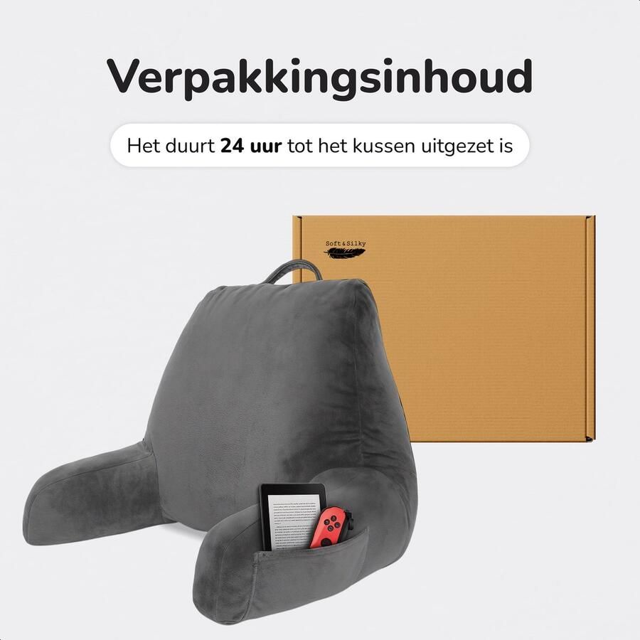Soft & Silky Leeskussen Voor in bed Met 3 opbergvakken Rugkussen bank zitkussen Lende Rug kussen onderrug Lees Kussens Knuffel Steun Boeken book Seat Grijs