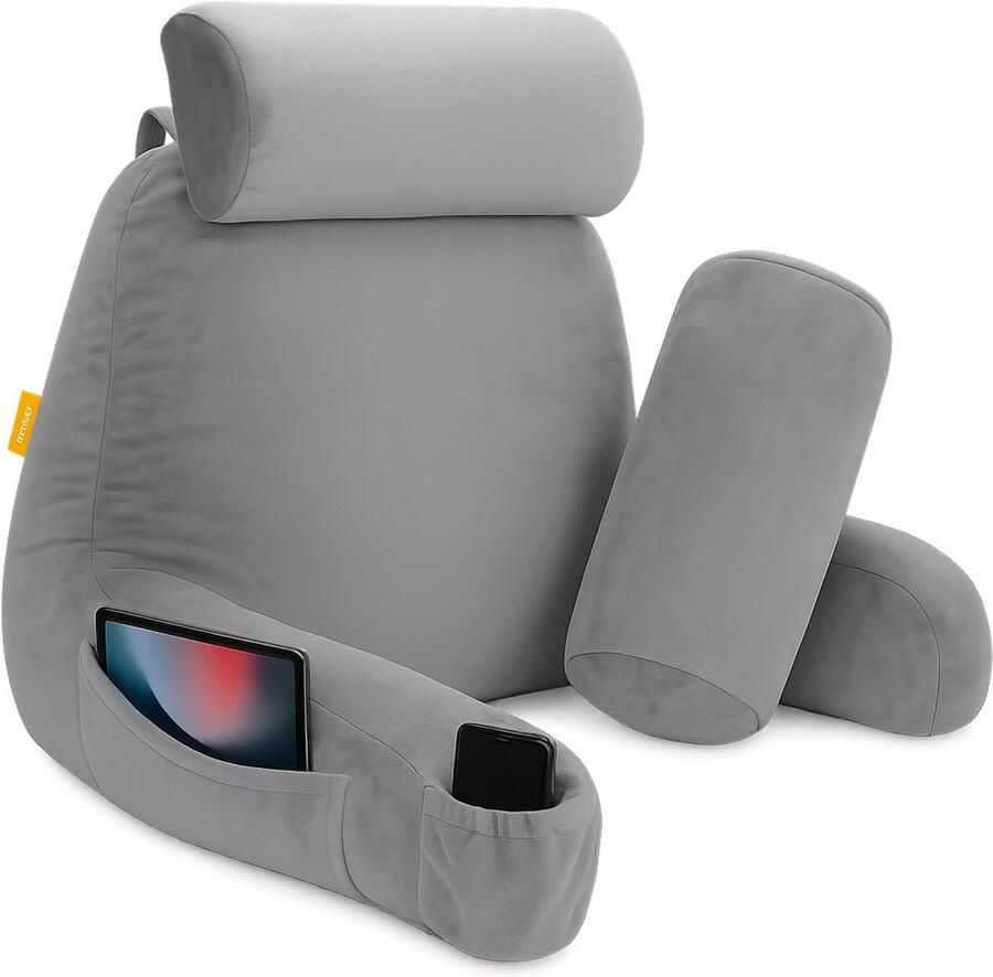 Soft & Silky Luxe Leeskussen voor in bed Met 3 opbergvakken Rugkussen bank zitkussen Lende Rug kussen onderrug Lees Kussens Knuffel Steun Boeken book Seat Grijs