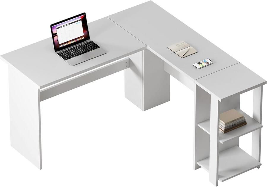 Sogeshome L-vormig computerbureau groot hoekbureau met 2 planken 130 cm x 136 cm thuiswerkbureau groot computerbureau wit