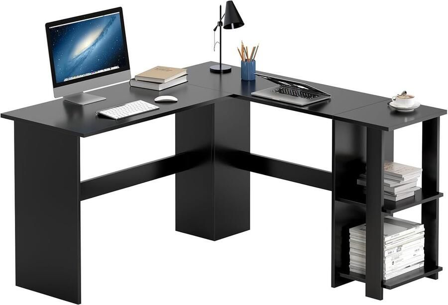 Sogeshome L-vormig computerbureau groot hoekbureau met 2 planken 130 cm x 136 cm thuiswerkbureau groot computerbureau zwart