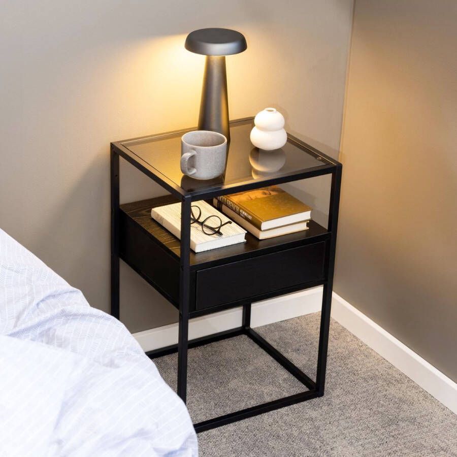 Sohome Nachtkastje Demitris zwart metaal met glazen blad en lade - Foto 2