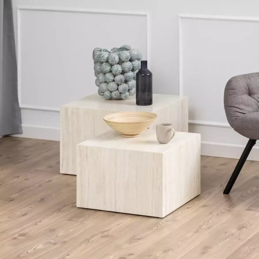 Sohome Vierkante Salontafel Dinorah Travertin look Set van 2 stuks
