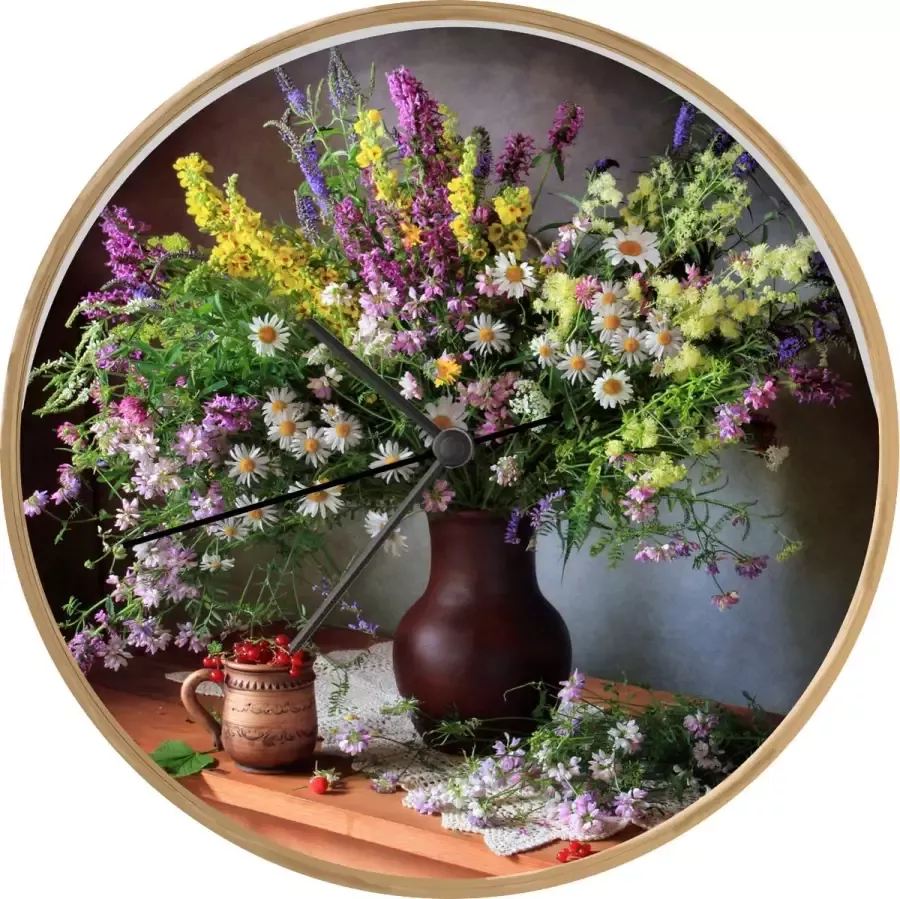 SoManyClocks Klok Ø 30 cm Bloemen Tafel Stilleven Boeket Vaas Houtkleurig Wandklok